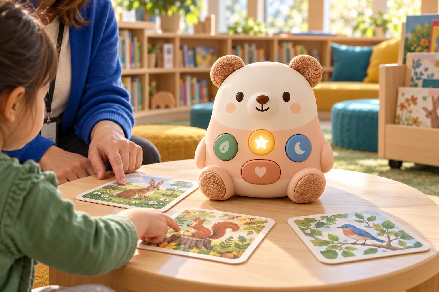 AI toy concept: an interactive story toy in a learning corner