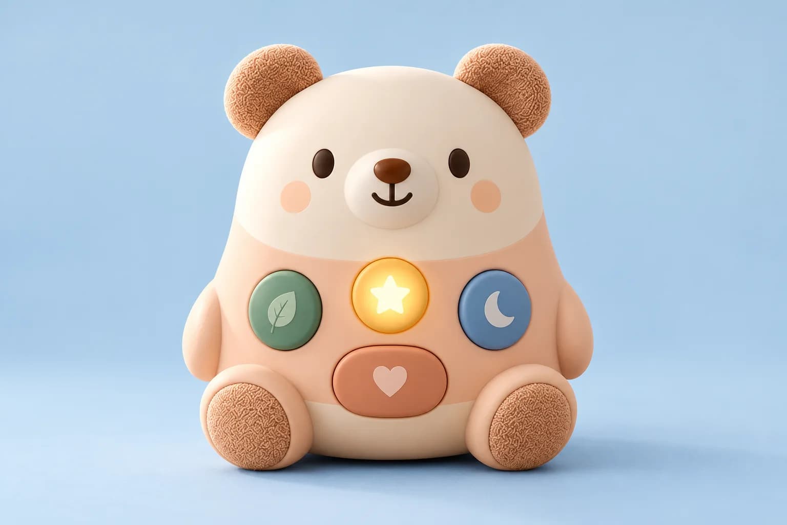 AI toy concept: a plush companion against a light blue backdrop