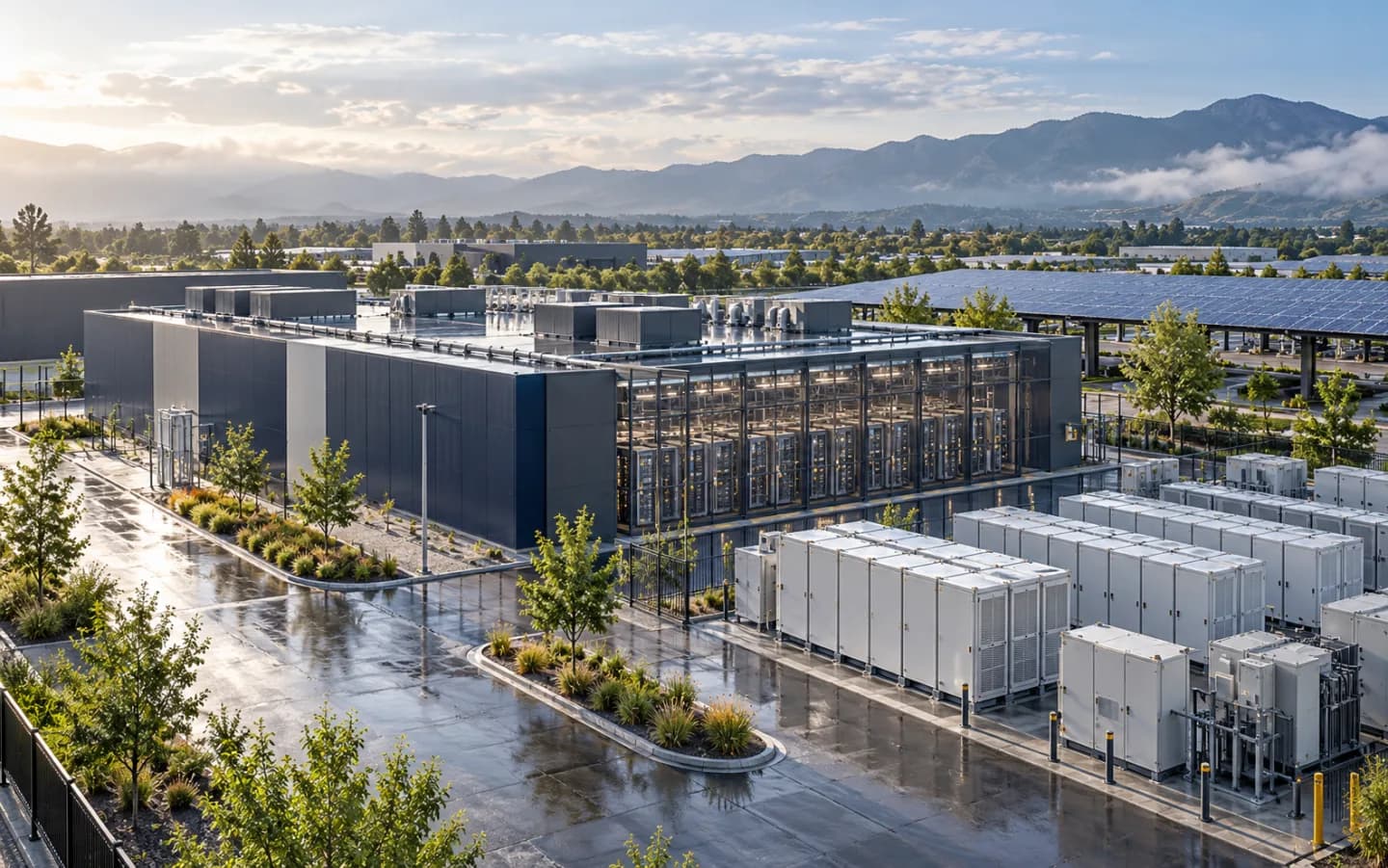 AI-generated scene: aerial view of a compute-center building, battery storage cabinets and a solar carport