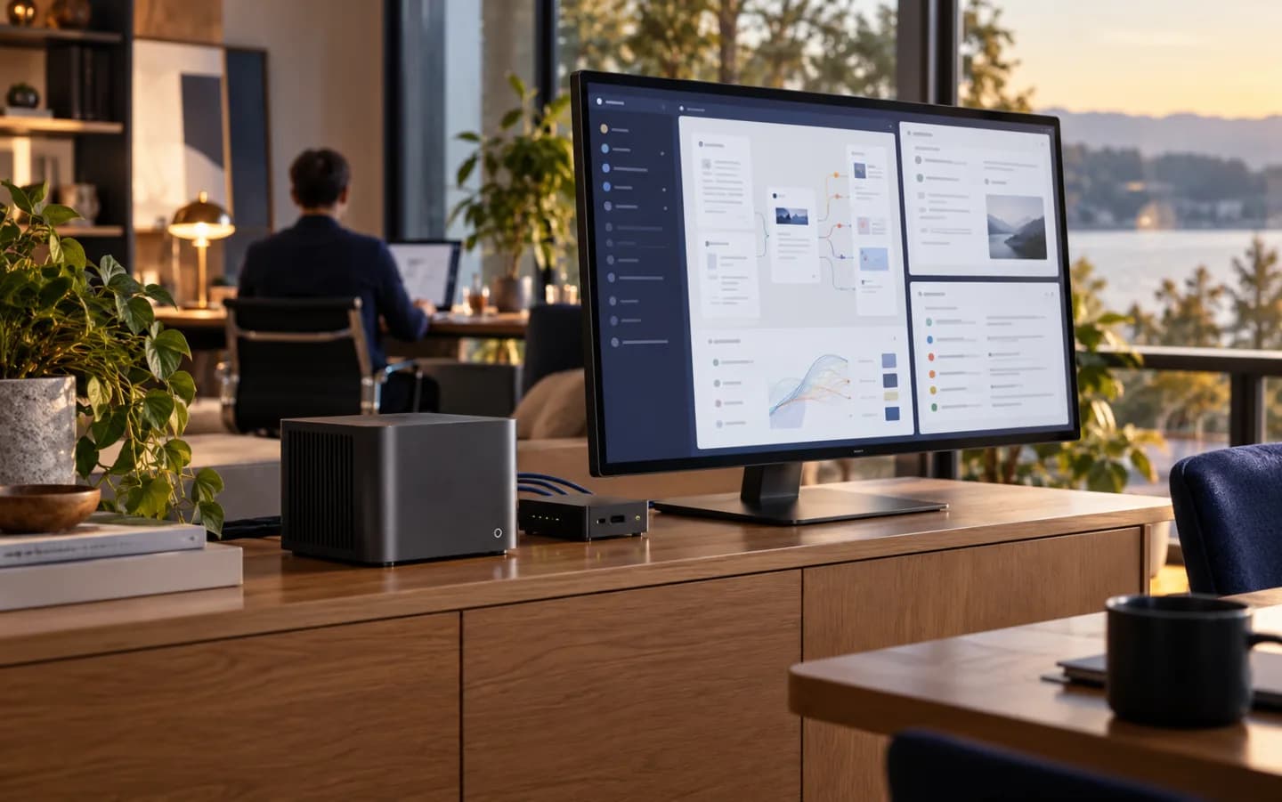 AI-generated scene: a compact local AI host and network box feeding a large workspace display in an office, with a person working behind