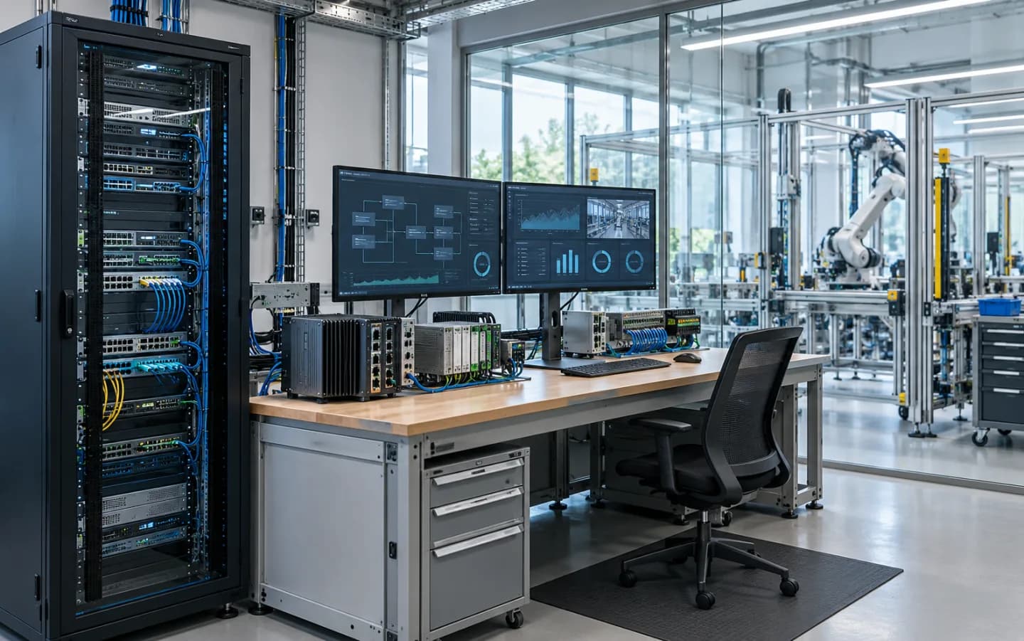 AI-generated scene: a network rack, industrial gateways and a dual-monitor console beside a robot-arm production line