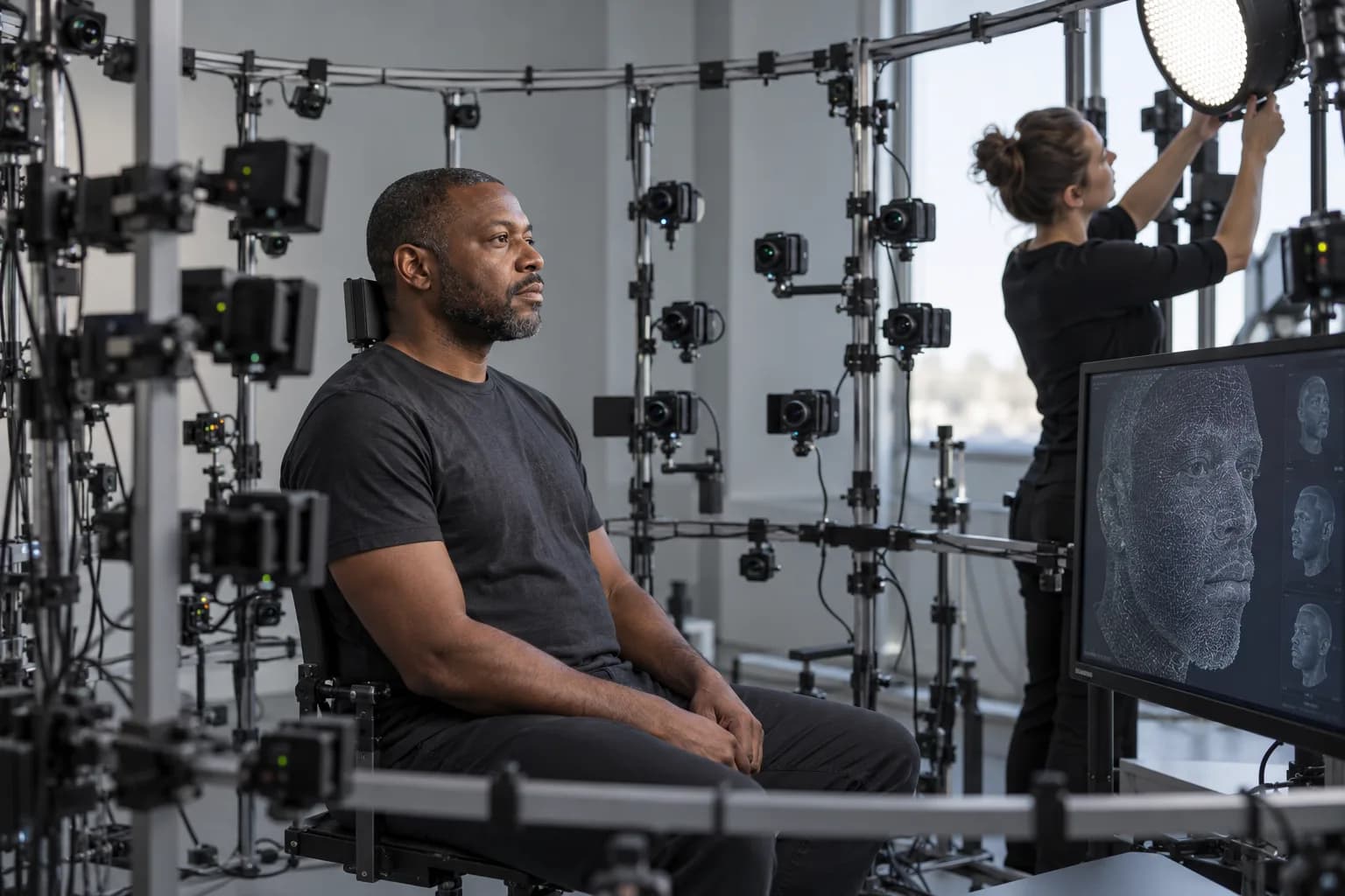 AI-generated concept: material capture and team collaboration in a controlled studio