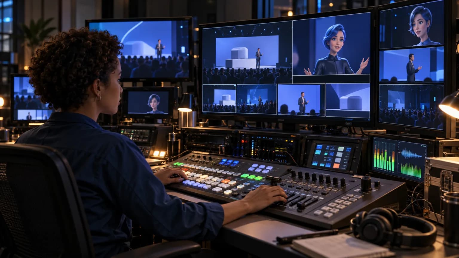 AI-generated concept: a control desk monitoring several feeds and alerts