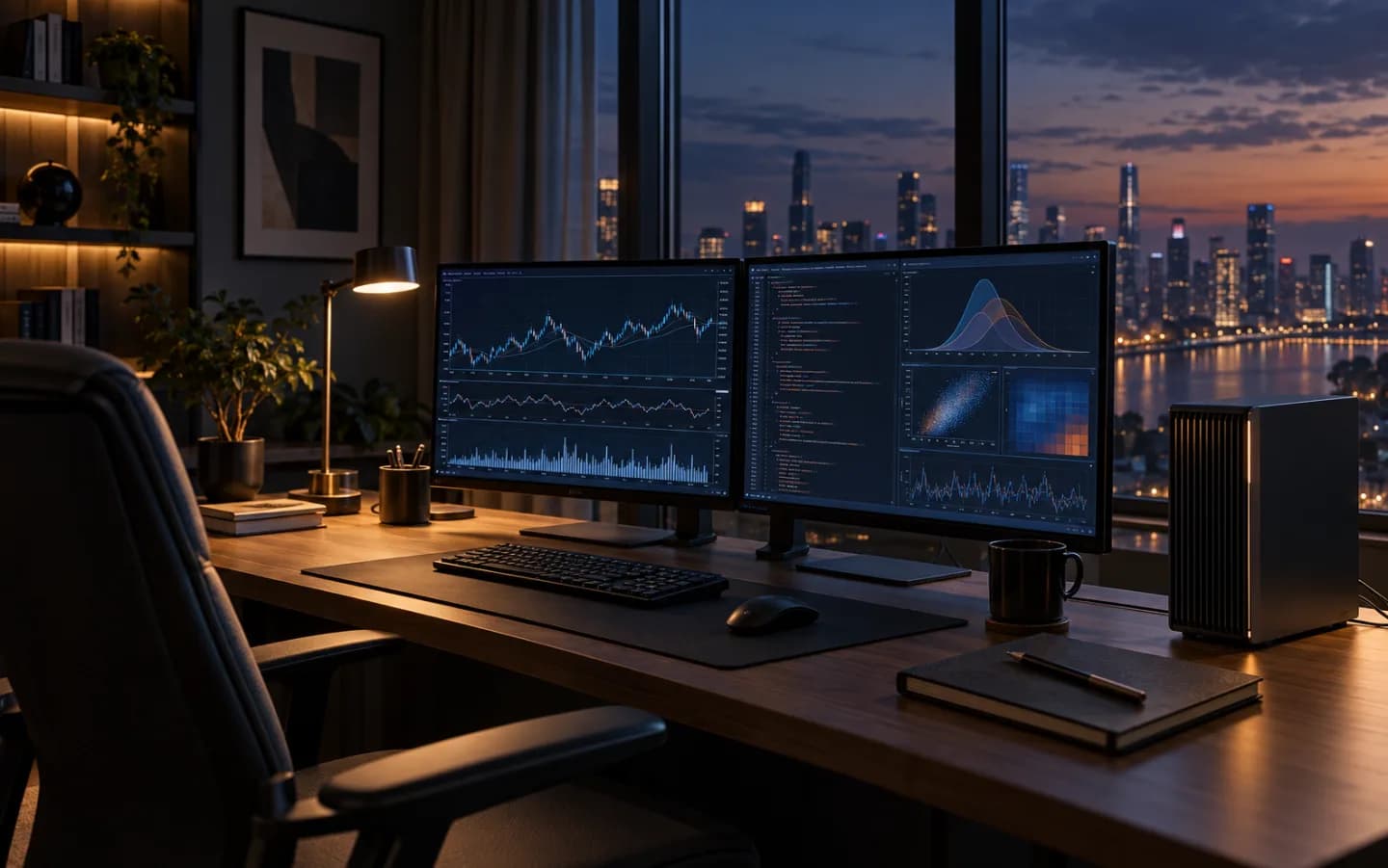 AI-generated scene: a night study with two monitors of market curves and analysis charts beside a local compute tower